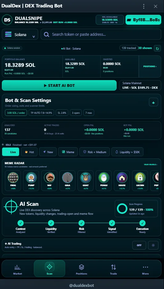 DualDEX Telegram Web App AI Scan and Meme Radar on Solana