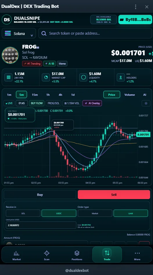DualDEX Telegram Web App trade screen with token chart and buy sell controls