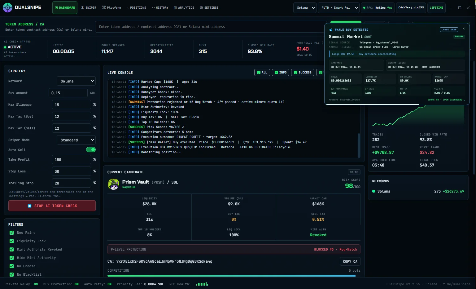 DualSnipe desktop AI Token Check on Solana showing a live candidate, risk score and execution console
