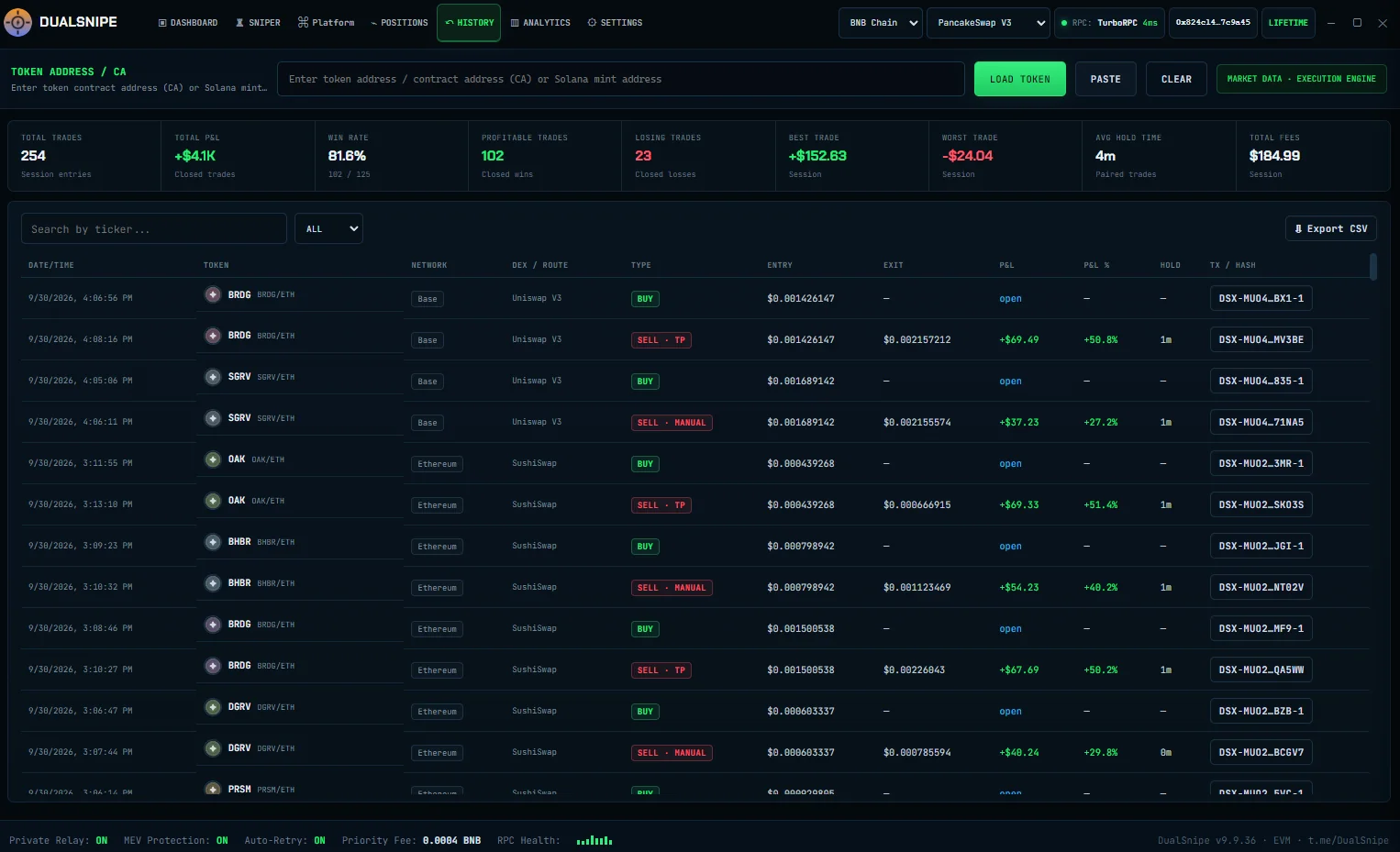 DualSnipe trade history showing entries, exits, PnL and transaction records across EVM networks