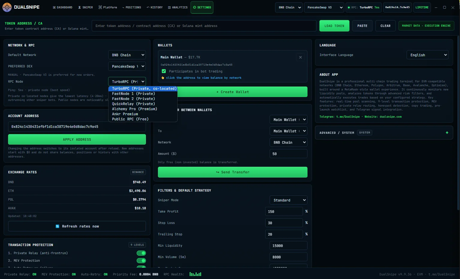 DualSnipe settings showing private RPC providers, network settings, wallets and transaction protection